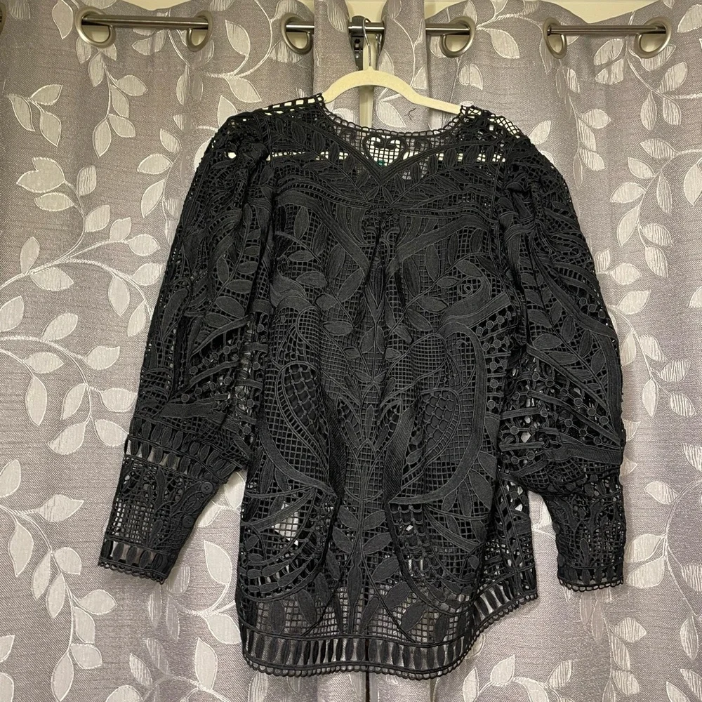 FARM Rio Black Guipire Puff Sleeve Blouse